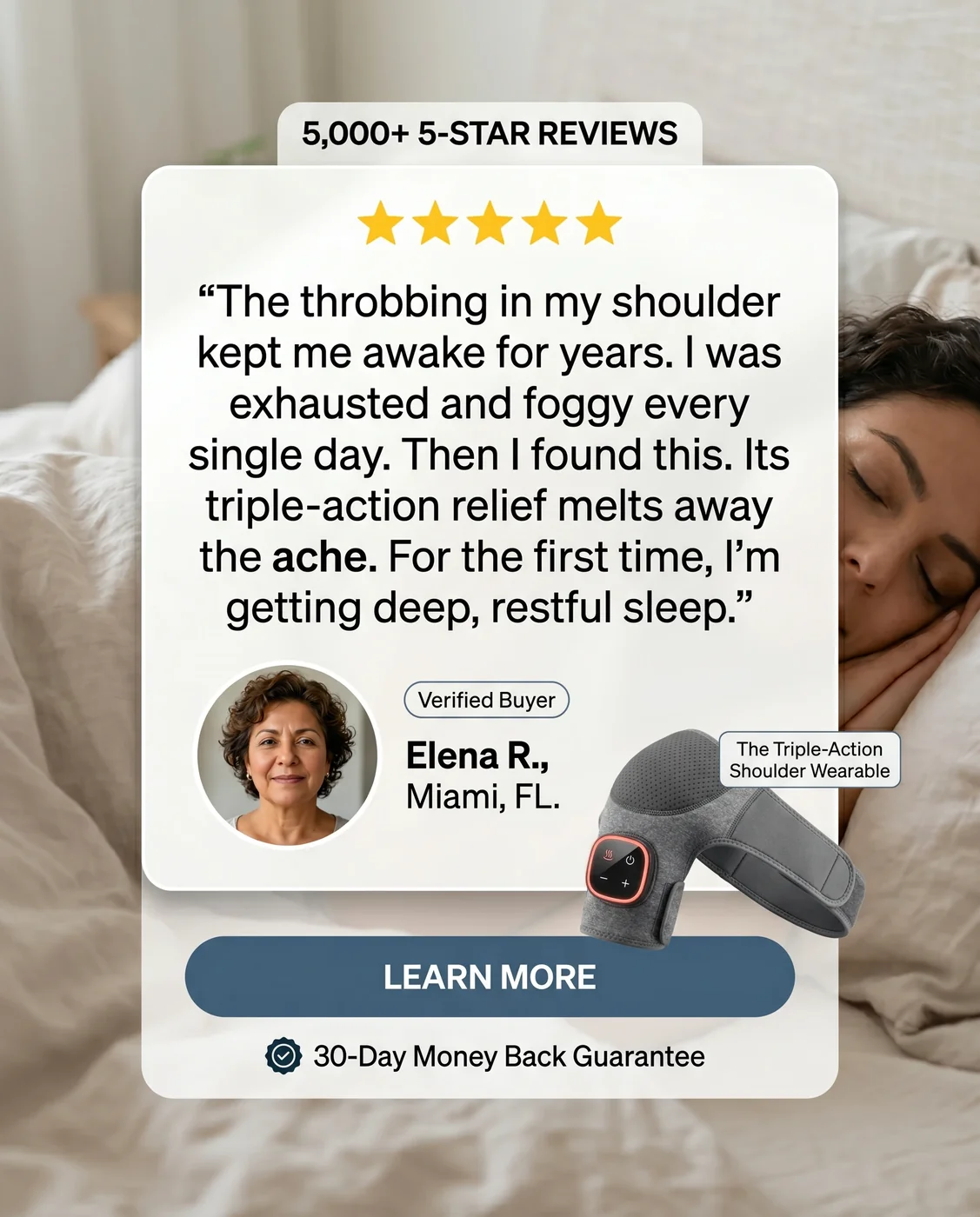 HumanFrame — 5,000+ 5-star reviews testimonial card from Elena R.