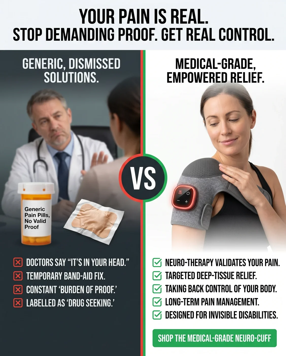 HumanFrame — your pain is real, stop demanding proof, get real control, generic dismissed solutions vs medical-grade empowered relief split-screen
