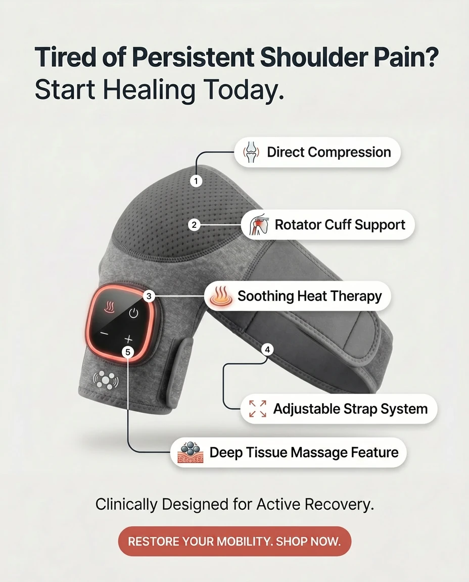 HumanFrame — tired of persistent shoulder pain, start healing today, 5 numbered product features w/ CTA