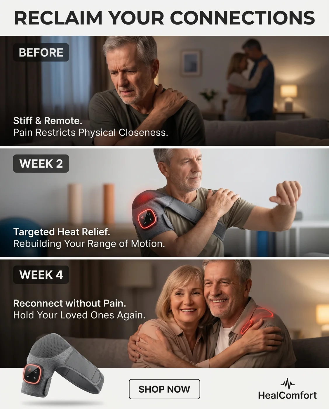 HumanFrame — reclaim your connections, before / week 2 / week 4 timeline