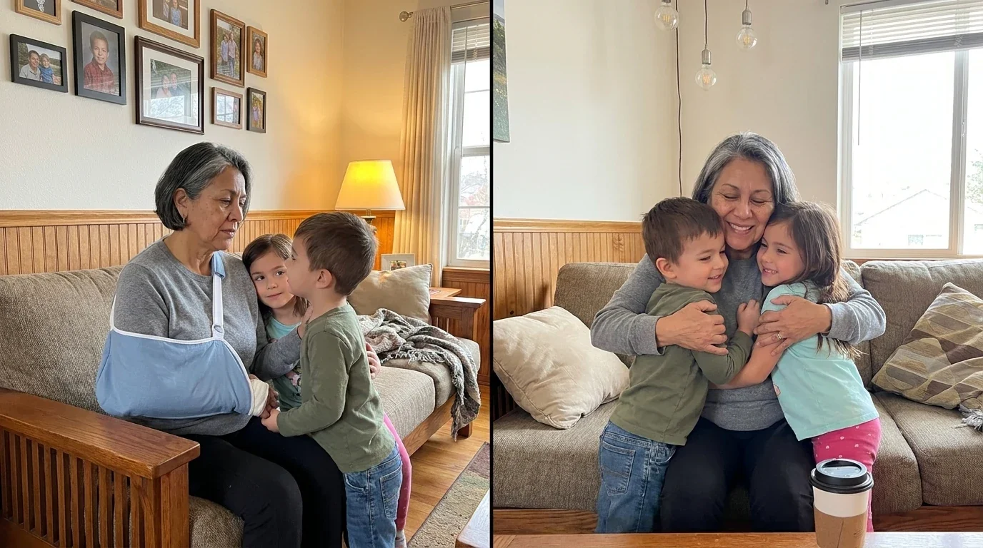 Cris D. — before: on her couch with her arm in a sling, grandkids gently trying to hug her, after: fully embracing both grandkids with both arms wrapped around them, eyes closed in love