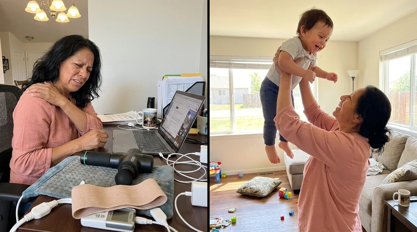Jennifer G. — before: at her cluttered desk wincing while surrounded by a heating pad, massage gun, and TENS unit, after: lifting her toddler high in the air with both arms overhead, both smiling
