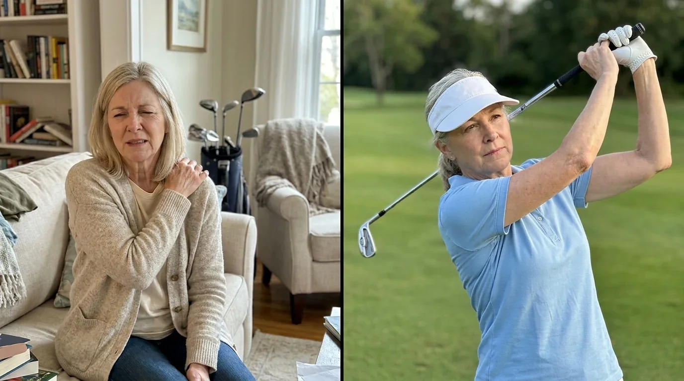 Sharon R. — before: at home holding her shoulder, golf clubs unused in the corner, after: back on the green golf course in full follow-through with both arms overhead