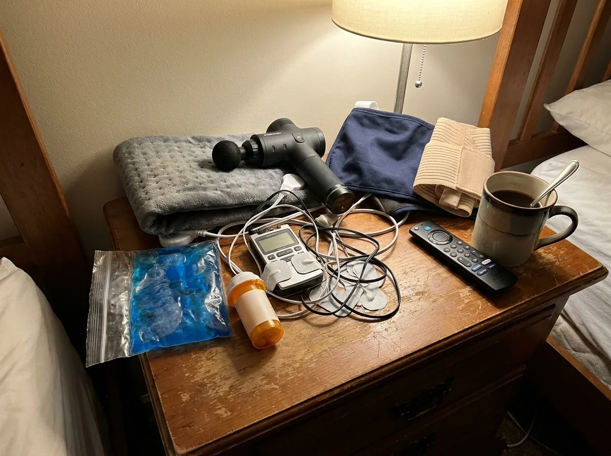 A real bedside table piled with the chronic-shoulder-pain stack — corded heating pad, percussion massage gun, TENS unit with tangled electrode wires, blue gel ice pack, painkiller bottle, soft sling, elastic wrap — plus a TV remote and a half-finished cup of tea