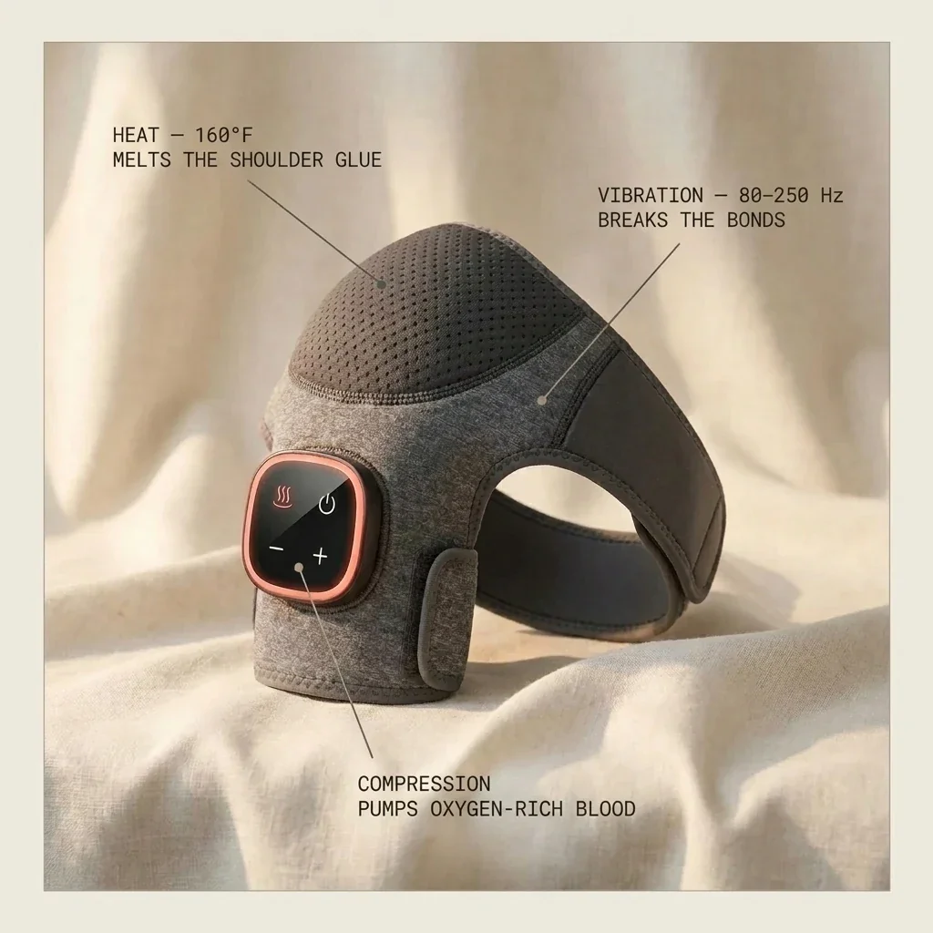 HumanFrame product hero on cream linen with three thin labeled callouts — Heat 160°F melts the shoulder glue, Vibration 80-250 Hz breaks the bonds, Compression pumps oxygen-rich blood — pointing at the dome, fabric body, and control puck respectively